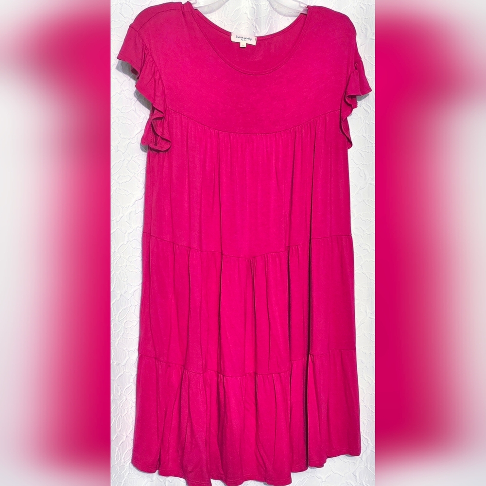 Sweet Lovely by Jen, Women’s Hot Pink Flutter Sleeve Ruffle Tiered Dress Size M